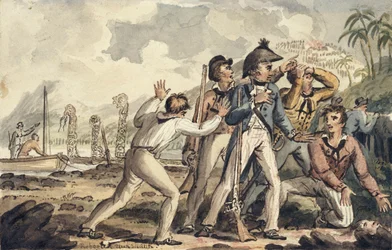 El capitán Burney descubriendo a sus compañeros de barco asesinados, ilustración de "Los viajes del capitán Cook"
