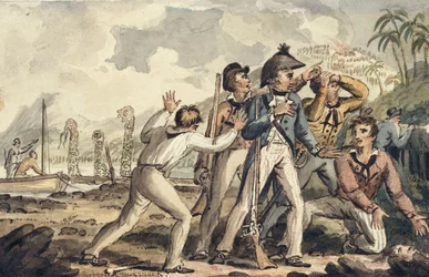 El Capitán Burney descubriendo a sus compañeros de barco asesinados, de los Viajes del Capitán Cook