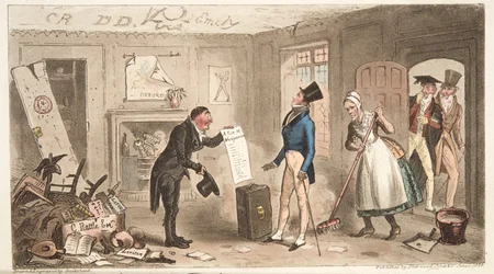 Comodidades Universitarias, Un Novato tomando posesión de sus Habitaciones, de The English Spy, pub. 1824