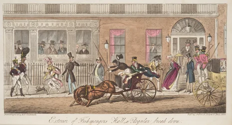 Exterior del Fishmongers Hall, St James Street, con vista de un colapso regular, de The English Spy, pub. 1824