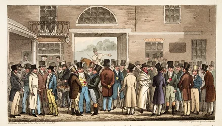 Lunes después del Gran St Leger, o héroes del turf pagando y recibiendo en Tattersalls, de The English Spy, pub. 1824