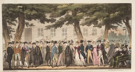 Domingo de Exhibición, Una Vista en el Paseo Ancho, Christ Church Meadows, Oxford, de The English Spy, pub. 1824