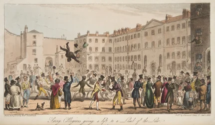Colegiales de Surrey dando un aventón a un miembro de la ley, de The English Spy, publicado en Londres, 1824