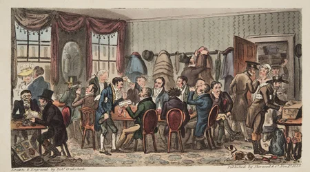 El banquete de los hombres en el Bell Inn, Cheltenham, de The English Spy, pub. 1824