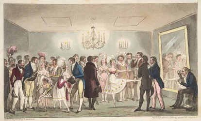 El Green Room del Teatro del Rey, o nobles aficionados viendo curiosidades extranjeras, de The English Spy, pub. 1824