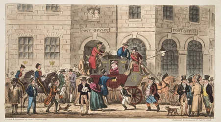 La oficina de correos de Bristol, llegada del correo de Londres, de The English Spy, publicado en Londres, 1824