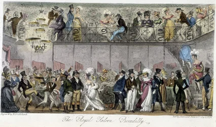 El Salón Real Piccadilly - en "The English Spy" de Charles Molloy Westmacott, dibujo de Robert Cruikshank, Edición de Londres