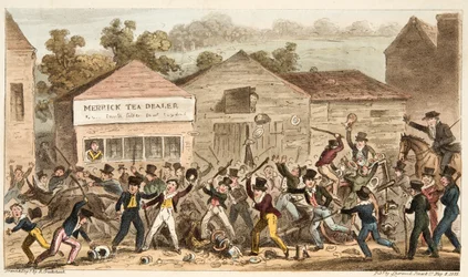La fila de teteras en Harrow, o la batalla de Hog Lane, de The English Spy, pub. 1824
