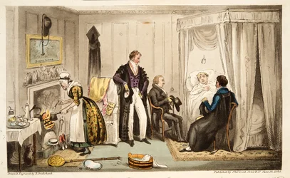 Tom Echo enfermo con la Fiebre de Headington o un Oxoniano muy cerca del Muro, de The English Spy, publicado en Londres, 1824