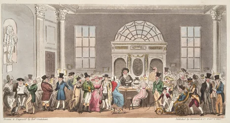 Visitantes conocidos en la sala de bombas, Bath, tomando un sorbo con el rey Bladud, de The English Spy, pub. 1824