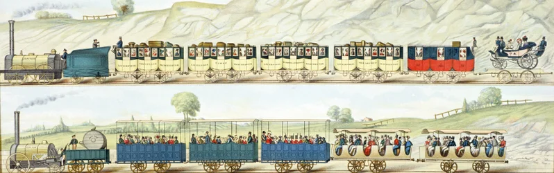 Viajando en el ferrocarril de Liverpool y Manchester, grabado por S.G. Hughes, c.1831