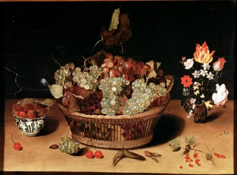 Naturaleza muerta con flores y frutas