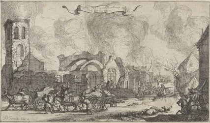 Tropas francesas merodeando y disparando a través de las ruinas del pueblo de Nigtevecht, 1672
Serie de trece ilustraciones de pueblos y castillos de la provincia de Utrecht destruidos por los franceses en 1672 (título de la serie)