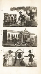 El carro de bomberos, transportando mercancías en un camión, East India House y London Stone