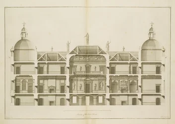 Houghton Hall: sección del Frente Este, grabado por Pierre Fourdrinier, 1735