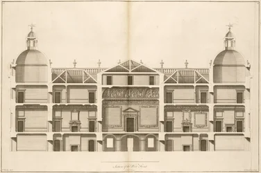 Houghton Hall: sección del frente oeste, grabado por Pierre Fourdrinier, 1735