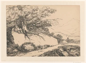 Paisaje, con un hombre con perro que se detiene bajo un árbol