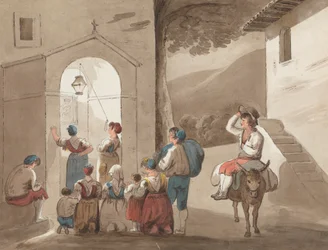 Después de Pinnelli - Grupo de campesinos fuera de una iglesia