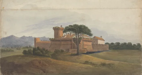 Castillo de Ostia con montañas a lo lejos