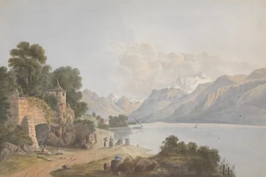 Paisaje montañoso con lago, puerta y figuras