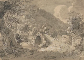 Paisaje montañoso con un puente y una casa