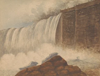Vista de las cataratas del Niágara con dos figuras sobre una roca en primer plano a la derecha
