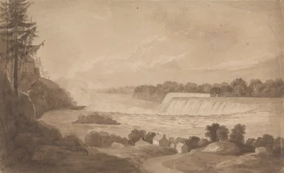 Vista de las cataratas del Niágara con las cataratas al fondo, a la derecha, y paisaje con casas en primer plano