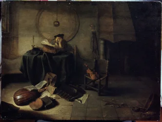 ""Melancholy II"" (Melancholy II (Científico en su estudio)) Un hombre que estudia música, expresión pensativa. Pintura de Isaac de Jouderville (1613-1648) Serpoukhov, Museo Estatal de Historia y Arte