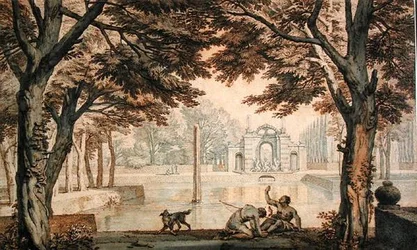 Lago con una fuente en un jardín