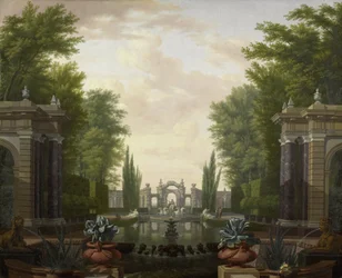 Terraza acuática con estatuas y fuentes en un parque