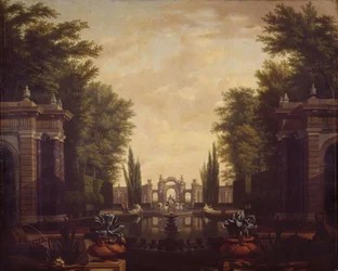 Estanque con estatuas y edificios en un parque