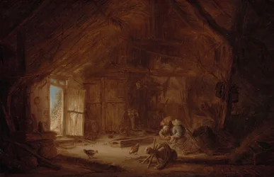 Interior de un establo con tres niños