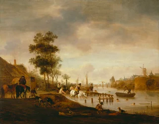 Paisaje fluvial con bañistas