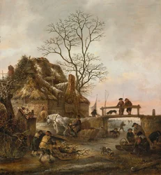 Paisaje invernal con una casita cerca de un puente