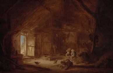 Interior de un establo con tres niños