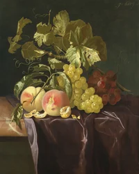Bodegón de frutas, nueces y hojas sobre tela de terciopelo