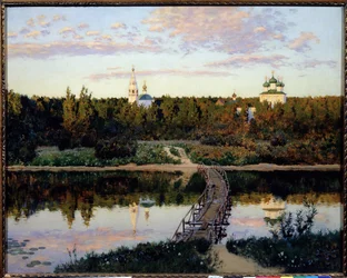 La Morada Tranquila. Descripción de un puente de madera que cruza un río tranquilo y une caminos de tierra y se adentra en el bosque del que sobresalen los picos de los tejados de los edificios religiosos de un pueblo. Pintura de Isaac (Isaac)