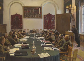 Asamblea del Consejo Militar Revolucionario de la URSS, presidida por Kliment Voroshilov