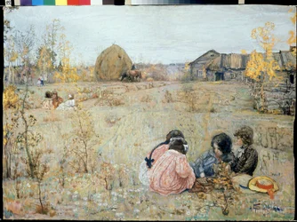 Dashniks tardíos (Late Dashniks). (El dashnik es un jardinero ruso al que el gobierno le ha asignado una dacha y unas pocas hectáreas para cultivar para producción personal). Pintura de Izaak Izrailevich (1884-1939). Óleo sobre tela