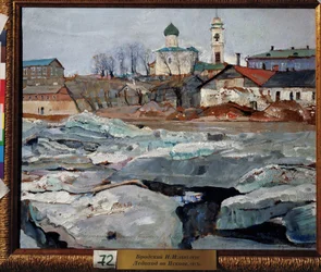 Hielo a la deriva en Pskov. Pintura de Isaak Izrailevich Brodsky (Brodsky) (1884-1939). Óleo sobre cartón