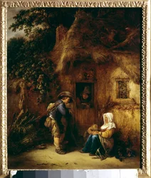 Conversación frente a una casa campesina. Pintura de Isaac Van Ostade (1621-1649)