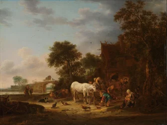 Posada rural con un caballo en el abrevadero