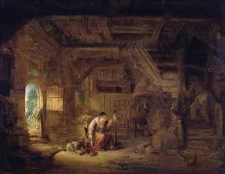 Interior de un granero con una anciana con una rueca (óleo sobre tabla)