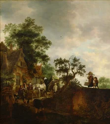 ""Viajeros parando en una posada en el camino"" Pintura de Isaac van ostade (1621-1649) 1645 Museo Nacional de Arte Occidental, Tokio Japón