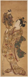 El actor Onoe Kikugoro I sosteniendo una marioneta del actor Sanogawa Ichimatsu I