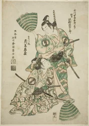 El actor Sawamura Sojuro II (anteriormente Utagawa Shirogoro) como Matsuomaru y Azumo Tozo I como Sakuramaru en la obra "Sugawara Denju Tenarai Kagami," representada en el Teatro Morita, 1750