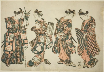 Los actores Sanogawa Ichimatsu (derecha), Nakamura Kiyosaburo (centro derecha), Sanogawa Senzo (centro izquierda) y Nakamura Kumetaro (izquierda)