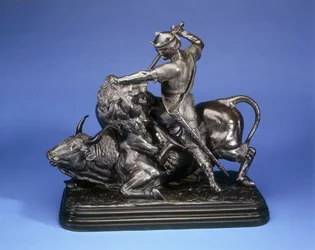 Un rey matando a un león que ataca a un toro, c.1874