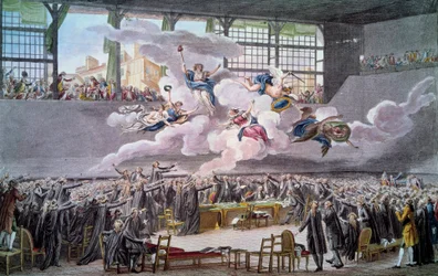 Revolución Francesa: El juramento del Juego de Pelota el 20 de junio de 1789. Los diputados juran no separarse hasta que se corrija una Constitución. Grabado por Isidore Helman (1743-1809) 1789 París, B.N.