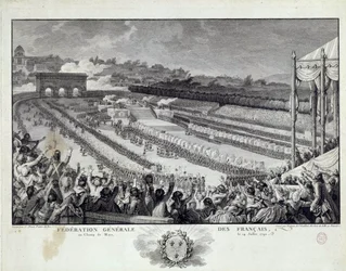 Revolución Francesa: vista de la fiesta de la Federación General de los Departamentos Franceses en el Campo de Marte en París el 14/07/1791